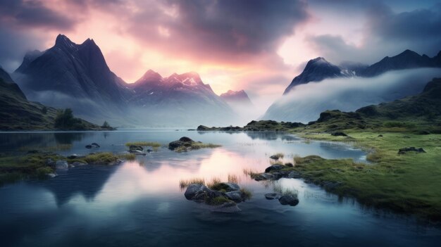 serene sunset majestic mountains reflecting in a norwegian lake