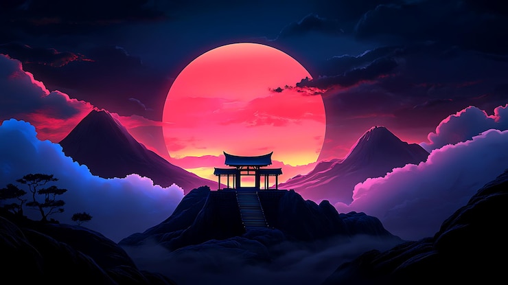 Photo serene sunset over mountains and pavilion