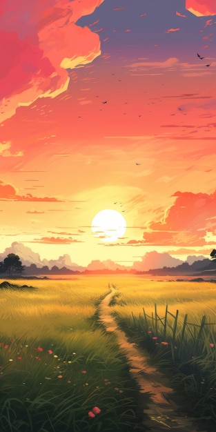 Serene Sunset Road Een door Manga geïnspireerde 2D Game Art Painting