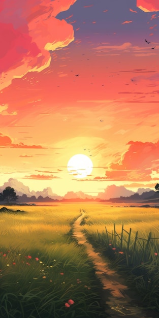 Serene Sunset Road A Mangainspired 2d 게임 아트 페인팅