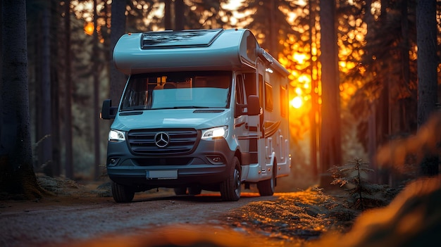 Serene sunset road trip in a cozy camper van through the woods adventure awaits AI