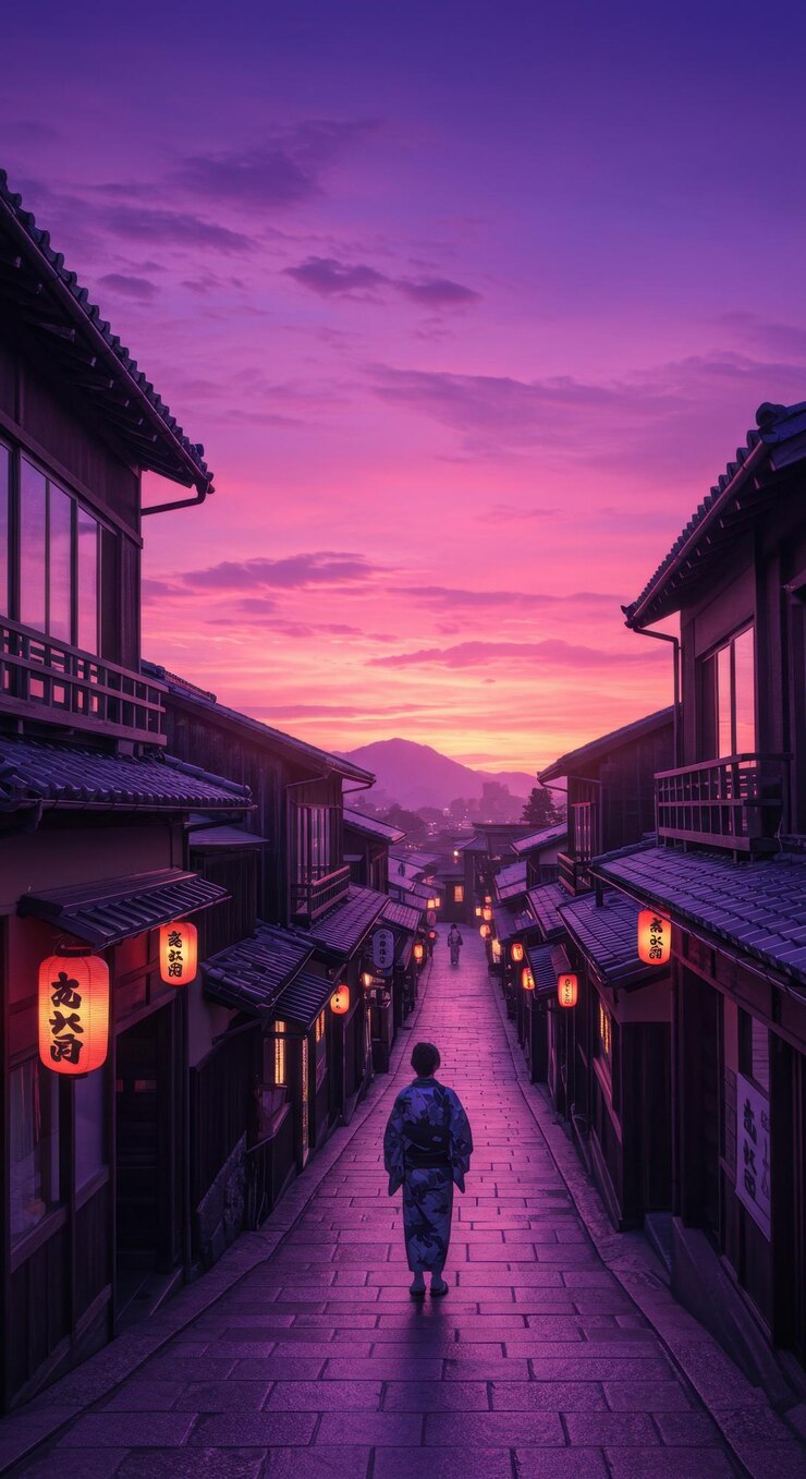 Serene Sunset Stroll A Japanese Towns Twilight Embrace