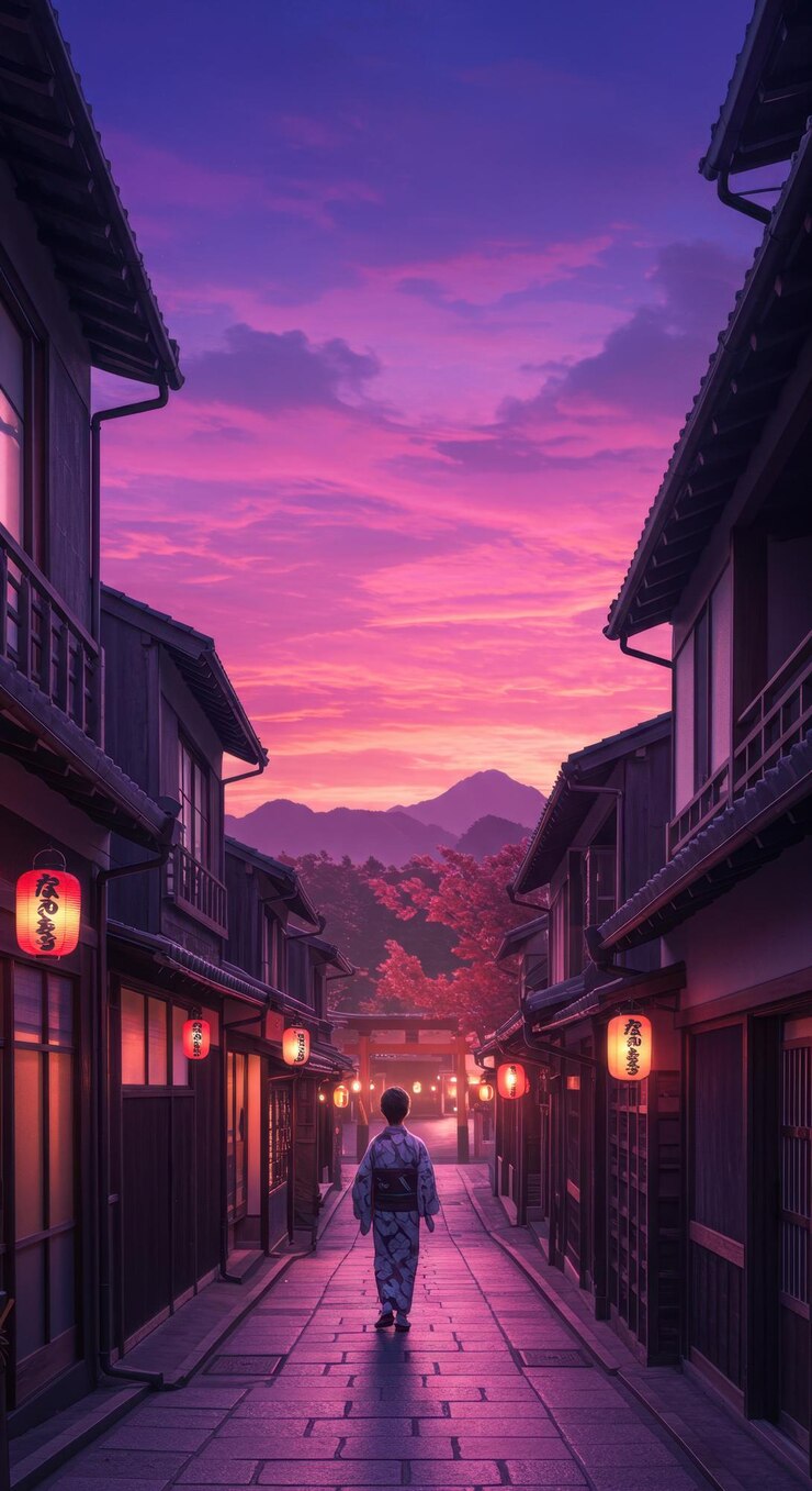 Serene Sunset Stroll A Woman in Kimono Walks Through a Tranquil Japanese Street at Dusk