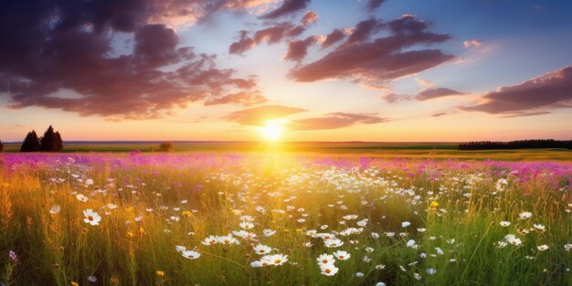 静かな夕暮れ 鮮やかな 野花 の 草原 の 上