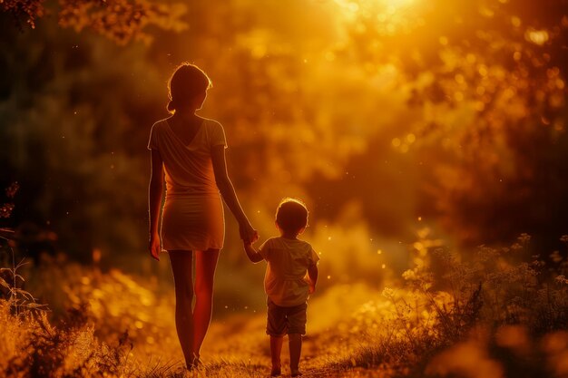 Спокойная прогулка на закате Мать с ребенком на руках в теплом золотом свете среди природы