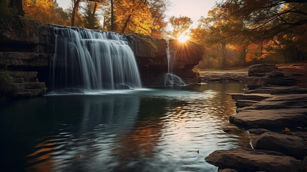 Photo serene sunset waterfall in autumn woods uhd photo by nicolas delort