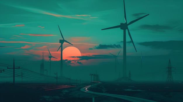 Спокойный закат на ветряной электростанции концепция экологической устойчивости чистый энергетический ландшафт ИИ