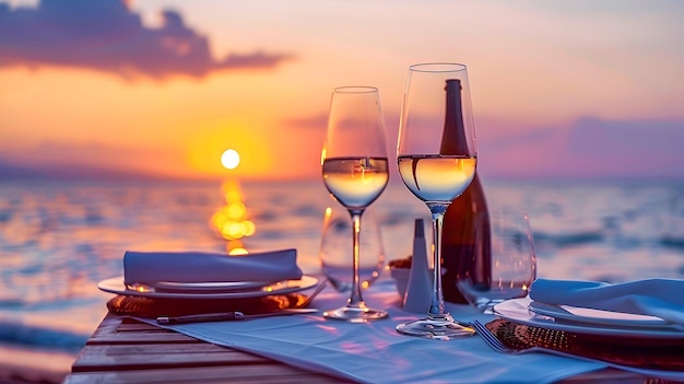 Photo serene sunset with wine glasses and place setting