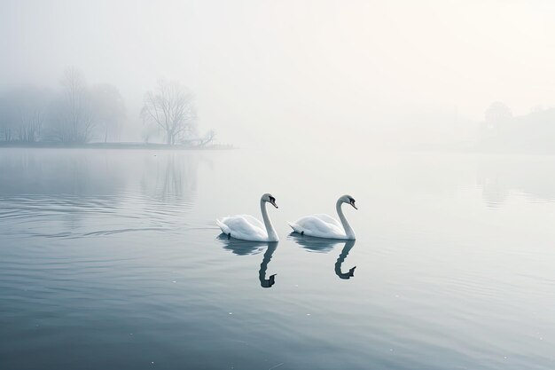 Serene swans gracefully glide across a tranquil lake their graceful movements and reflection on the still water creating a scene of serene beauty