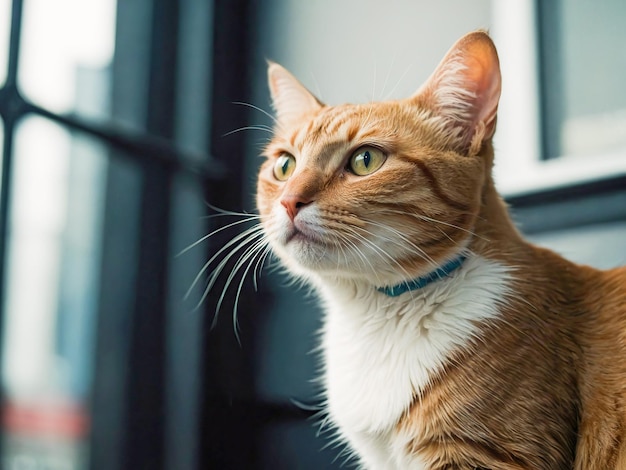 A serene tabby cat sits on a carpet bathed in soft sunlight filtering through a room its piercing gaze holding a mysterious allure