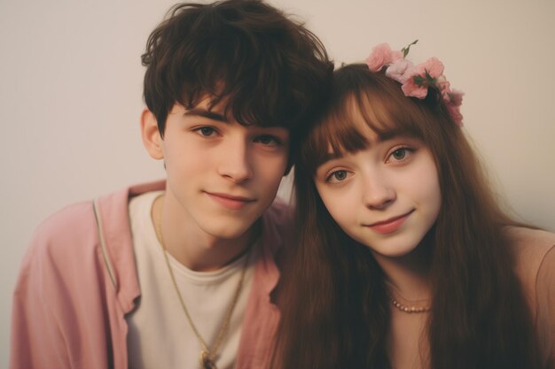 Serene teenage boy and girl sharing a tender moment girl with floral headband symbolizing gentle adolescence and companionship