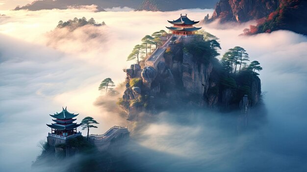 Photo serene temple nestled amidst morning mist on mountain slopes tranquil mountain sanctuary mistcovered spiritual refuge serene dawn vista generated by ai