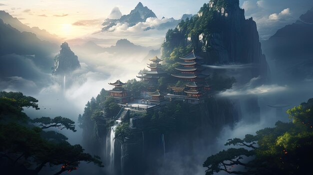 Serene temple perched on mistcovered mountain tranquil morning mist spiritual oasis amidst misty peaks serene mountain sanctuary Generated by AI