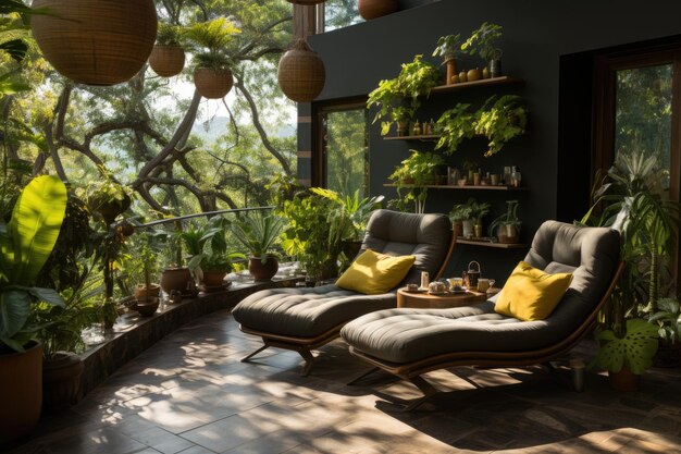 写真 緑豊かな垂直庭園と椅子を備えた静かなテラス ia