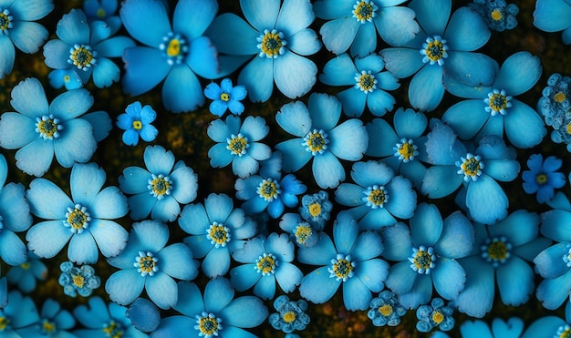 美しい自然生成 ai の咲く ForgetMeNot の花の穏やかな TopView パノラマ