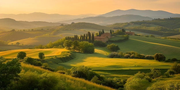 Foto serene toscaanse heuvels bij zonsopgang schilderachtig landschap landschap warm licht baden glooiende velden vreedzame natuurscene ideaal voor ontspanning en muurkunst ai