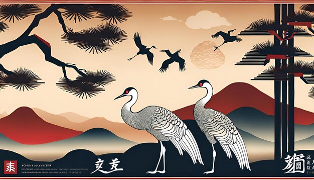 Photo a serene traditional asian pattern featuring cranes and pine trees