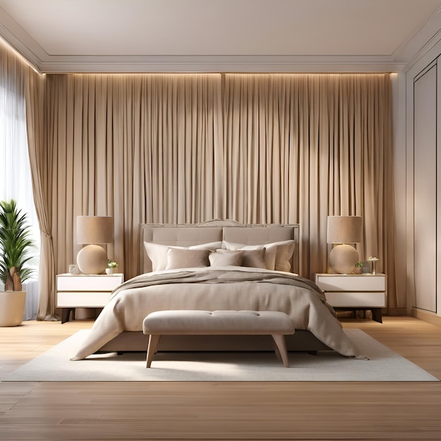 A serene and tranquil bedroom with a neutral color palette sheer curtains and a plush tufted hea
