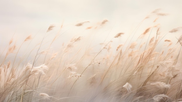A serene and tranquil scene with delicate cotton grass and wild grasses swaying gently against a soft focus natural setting
