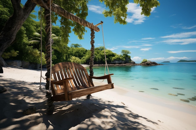 A serene tropical beach backdrop Swing white sand and tranquil sea views