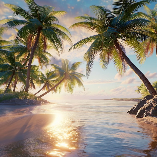 A serene tropical beach scene with palm trees