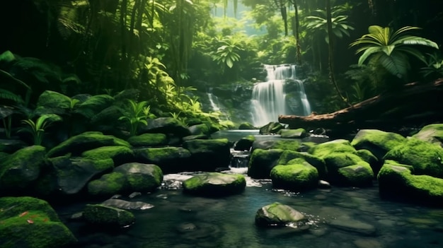 Serene tropical waterfall surrounded by rocks and lush green moss