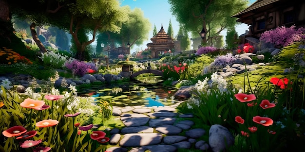 Serene tuin met een vijver met bloeiende bloemen en een stenen pad dat leidt naar een afgelegen bank Generatieve AI