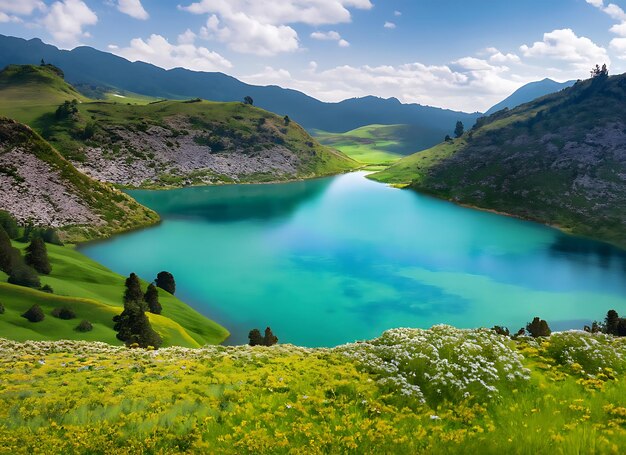 A Serene Turquoise Lake Nestled in a Valley Surrounded by Lush Green Meadows and Blooming Flowers