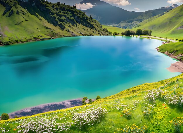 Спокойное бирюзовое озеро, расположенное в долине, окруженной пышными зелеными лугами и цветущими цветами