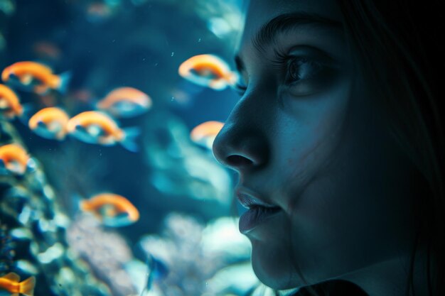 Serene underwater observation by a young woman