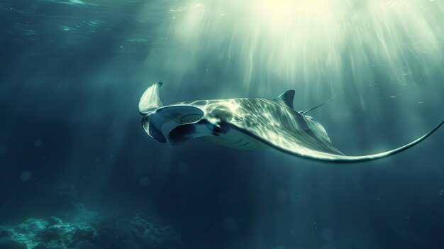 A serene underwater scene with a gentle giant manta ray gliding gracefully through the ocean its elegant movements conveying a sense of peace and tranquility