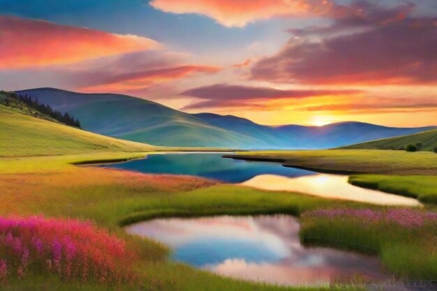 Photo a serene untouched meadow with rolling hills and a crystal clear lake reflecting