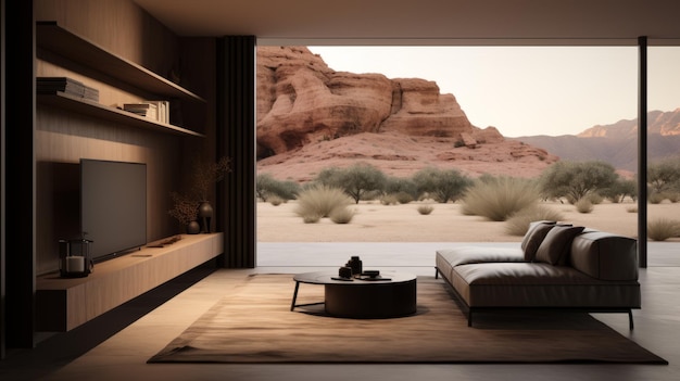 Serene Utopian Lounge Room With Desert View In 8k