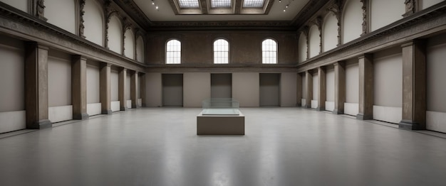 a serene vacant historical gallery showcasing ornate architectural details
