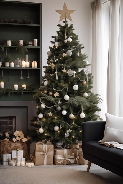 Serene vakantiehoek met een elegant versierde kerstboom en een gezellige leeshoek generatieve ai