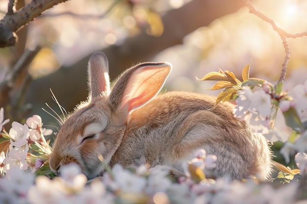 Foto una vista serena di un coniglio carino che si sdraiò nello sha generative ai