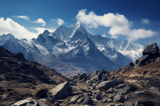 Serene view of majestic rocky mountains reminiscent of the Himalayan beauty generative AI