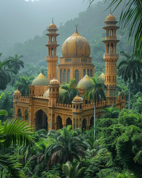 A Serene Village Mosque Surrounded By Palm Background