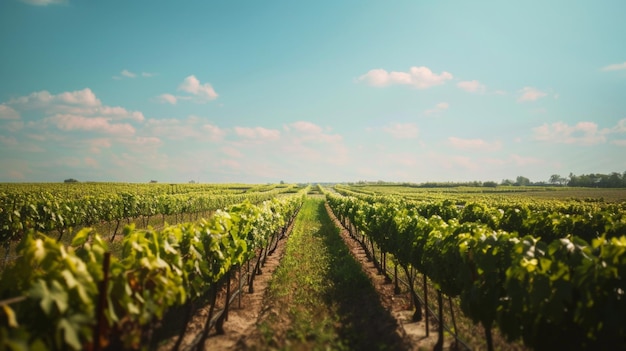 Serene vineyard rows lead to sunny horizon in pastoral bliss