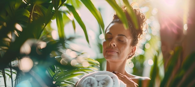 Foto serene vrouw geniet van een spa-behandeling te midden van weelderig groen perfect voor wellness en ontspanning thema's