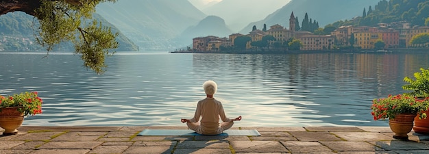 Foto serene vrouw in de menopauze beoefent yoga op het meer van como in het ochtendlicht voor hartgezondheid en welzijn