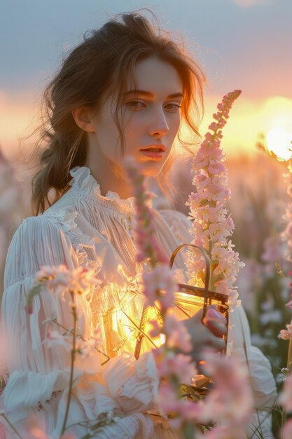 Serene vrouw met een kompas in een zonnig bloemenveld bij zonsondergang Dreamy Outdoor Portrait