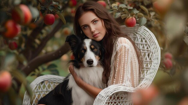 Serene vrouw omhelst haar hond in een boomgaard casual buiten portret op een rieten stoel intiem moment van vriendschap en ontspanning AI