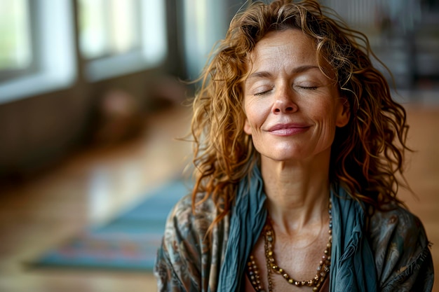 Foto serene vrouw van middelbare leeftijd die mediteert in een yogastudio met gesloten ogen die zelfvertrouwen en rust uitstraalt