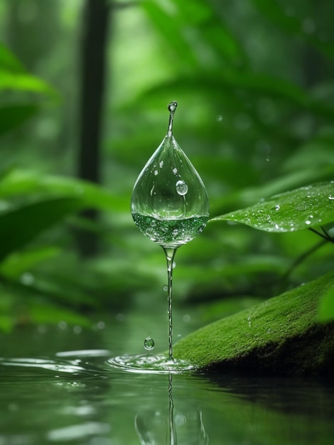 Photo a serene water droplet glistens amidst lush foliage in the enchanting forest