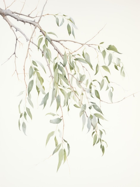 A Serene Watercolor Depiction of a Willow Branch with Gentle Swaying Leaves AI Generated