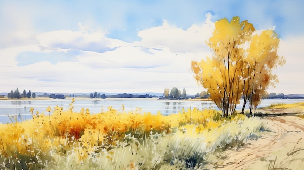 Serene Watercolor Landscape Butte By The Dnieper River