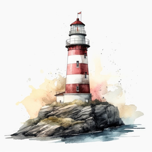 Serene Watercolor Lighthouse on a Clean White Background