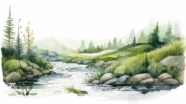 Serene Watercolor River Illustration with Rocks