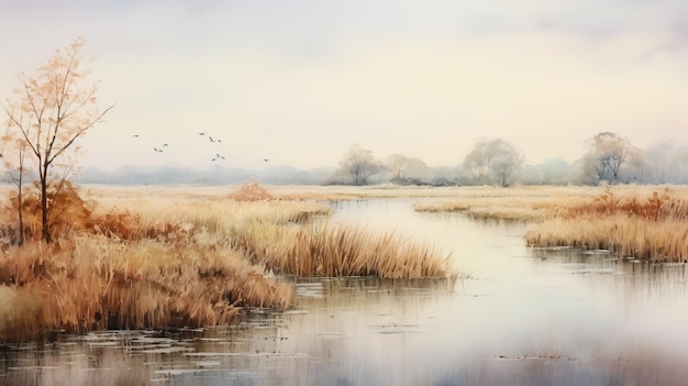 Serene Watercolor Wetland Painting With Earth Tone Colors